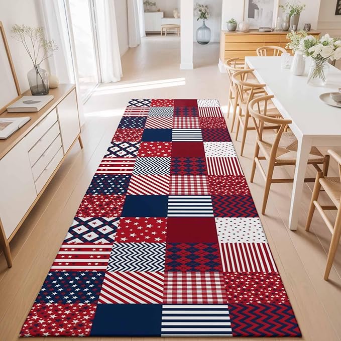 Runner Rug for Bedroom Hallway, Abstract Splicing Stars Stripes Kitchen Runner Rugs Area Rug 2x6ft, Independence Day Red Blue White Washable Soft Floor Carpet for Entryway Stair