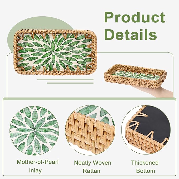 Decorative Key Basket Tray fot Entryway Table Woven Rattan Tray with Mother-of-Pearl Inlay Rectangular Wicker Display Basket for Jewlry, Green