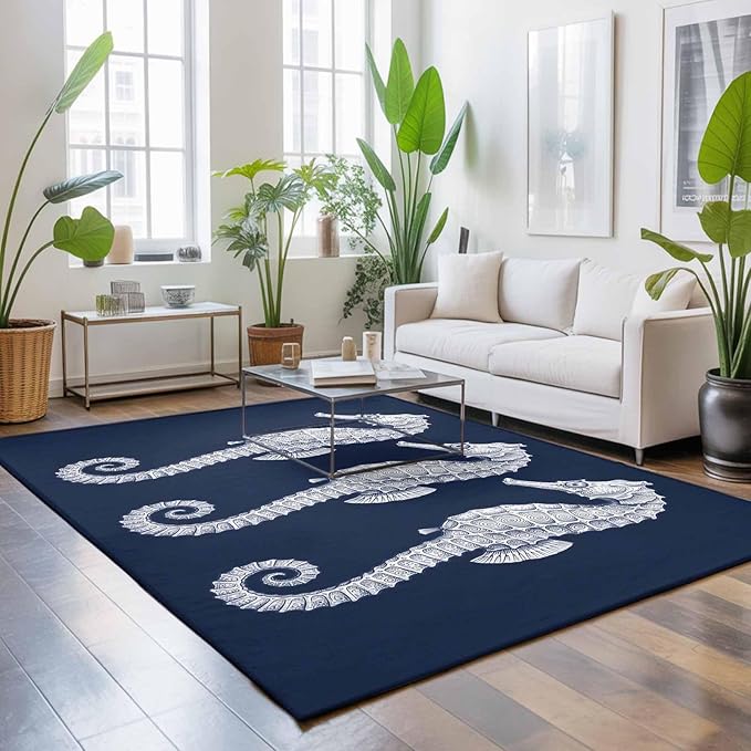 Area Rug 3x5ft, Ocean Life Seahorse Navy Blue Washable Rugs for Living Room Bedroom, Summer Nautical Theme Soft Non-Slip Area Rugs Rectangle Floor Carpet for Dining Room