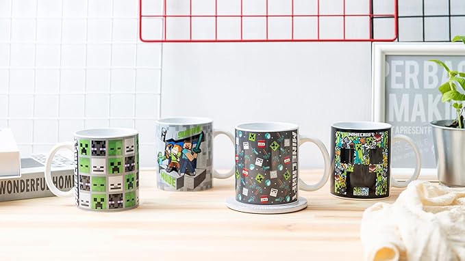 Zak Designs Minecraft Mug Unique Ceramic Coffee Cup Set, Can Coffee Mugs with Comfortable Handle for Gamer Gifts, Dishwasher and Microwave Safe (11.5 oz, 4-Piece Set)