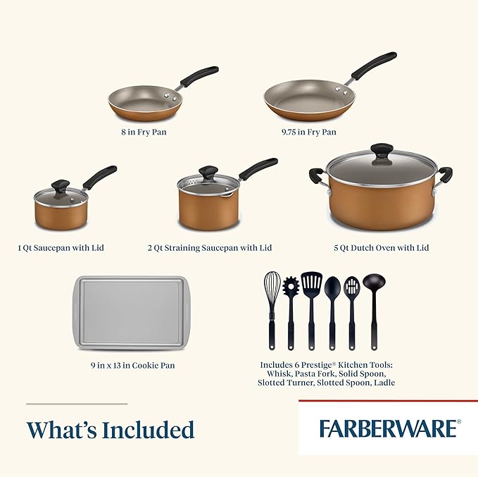 Farberware Cookstart DiamondMax Nonstick Cookware/Pots and Pans Set, Dishwasher Safe, Includes Baking Pan and Cooking Tools, 15 Piece - Copper