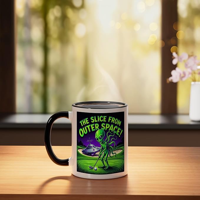 Funny Golfing Alien The Slice From Outer Space Retro UFO Ceramic Mug, Black/White