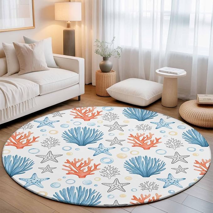 Washable Round Area Rug Coastal Starfish Shell Coral Circle Rugs Floor Carpet for Living Room Bedroom, Ocean Bubble Blue Black Orange Soft Non Slip Round Rug 5ft