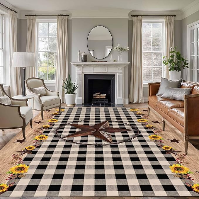 Area Rug 6x9ft, Western Star Farm Sunflower Washable Rugs for Living Room Bedroom, Vintage Wood Grain Black Buffalo Plaid Soft Non-Slip Area Rugs Rectangle Floor Carpet for Dining Room