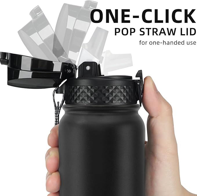 Fanhaw 20 oz Insulated Stainless Steel Water Bottle with Straw Lid, Leakproof & Anti-Dust Sports Bottle for Kids, Women & Men (Black)