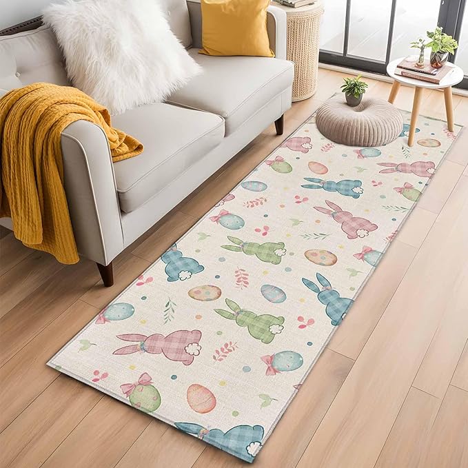 Runner Rug for Bedroom Hallway, Happy Easter Cute Plaid Bunny Kitchen Runner Rugs Area Rug 2x6ft, Colorful Egg Leaves Farm Linen Washable Soft Floor Carpet for Entryway Stair
