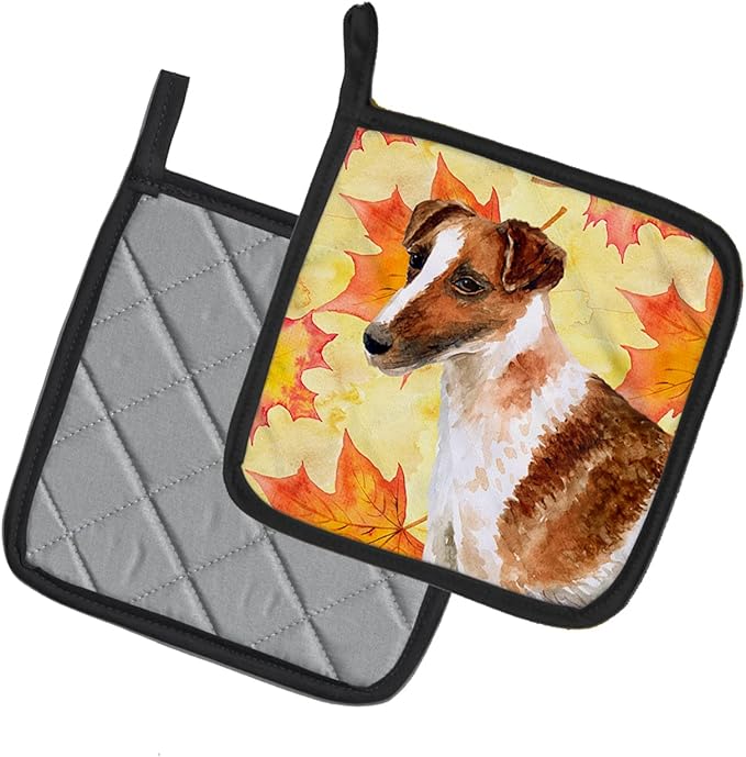 Caroline's Treasures BB9908PTHD Smooth Fox Terrier Fall Pair of Pot Holders, Yellow Kitchen Heat Resistant Pot Holders Sets Oven Hot Pads for Cooking Baking BBQ, 7 1/2 x 7 1/2
