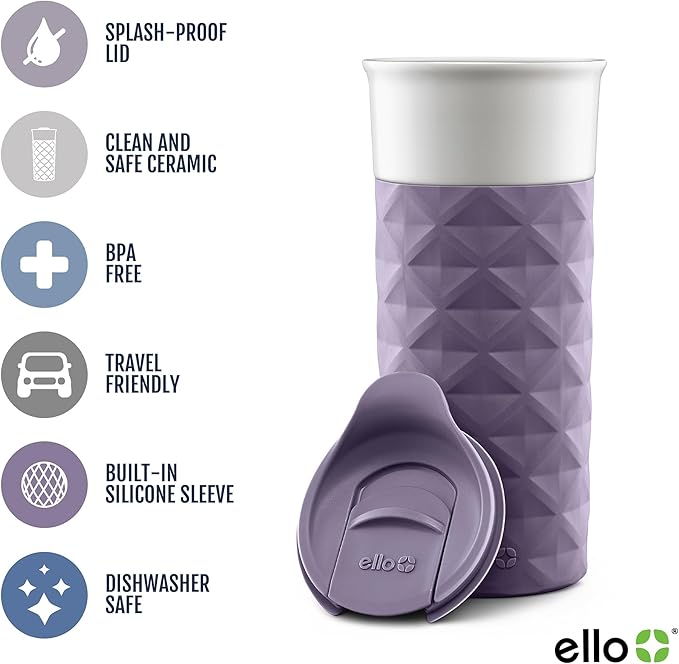 Ello Ogden 16oz Ceramic Travel Mug with Splash-Resistant Slider Lid and Protective Silicone Sleeve, Perfect for Coffee or Tea, BPA-Free, Dishwasher Safe