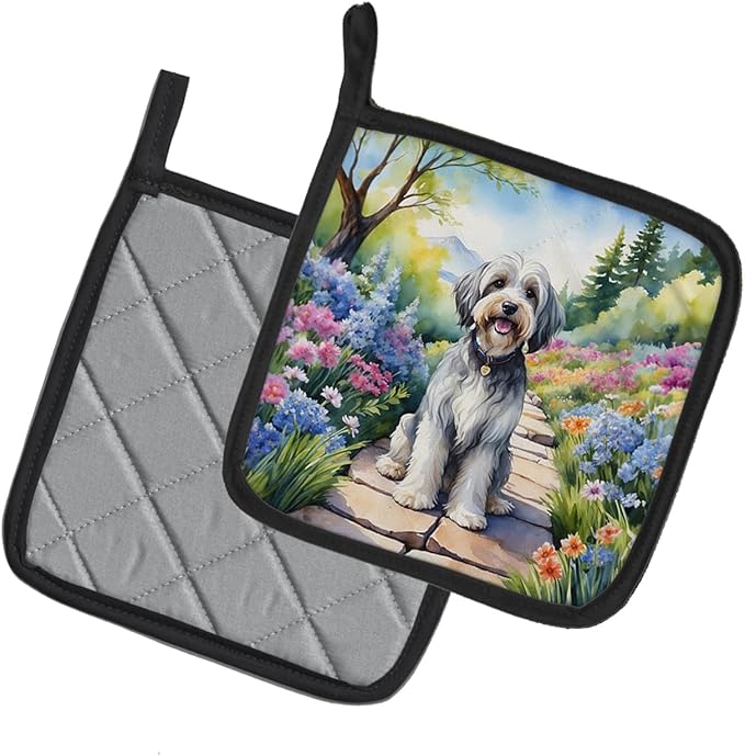 Caroline's Treasures Tibetan Terrier Spring Path Pair of Pot Holders Kitchen Heat Resistant Pot Holders Sets Oven Hot Pads for Cooking Baking BBQ, 7 1/2 x 7 1/2