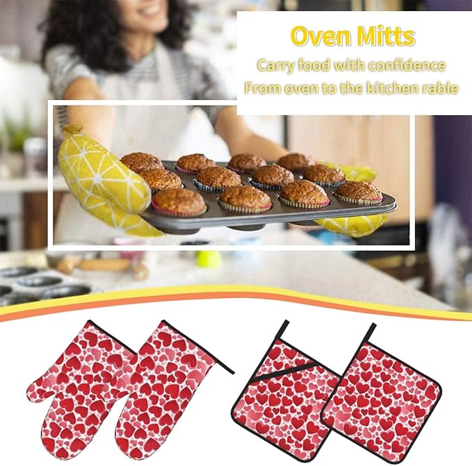 4 Pcs Red Heart Pattern Oven Mitts and Potholders,Kitchen Oven Glove with Pot Holders,Non-Slip Gloves High Heat Resistant 500 Degree for BBQ, Grill, Baking, Cooking, Oven, Microwave