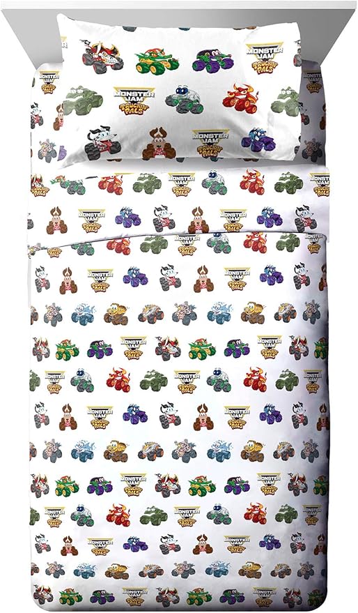 Jay Franco Kids Sheet Set with Fitted, Flat Sheets & Pillow Cover - Ultra-Soft Bedding with Pillowcase for Room Decor, White - Monster Jam, 3 Piece Toddler