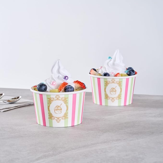 Coppetta 8 Ounce Dessert Cups, 200 Greaseproof Ice Cream Cups - Lids Sold Separately, For Hot And Cold Foods, Green And Pink Stripe Paper Yogurt Bowls, Disposable, Sturdy - Restaurantware