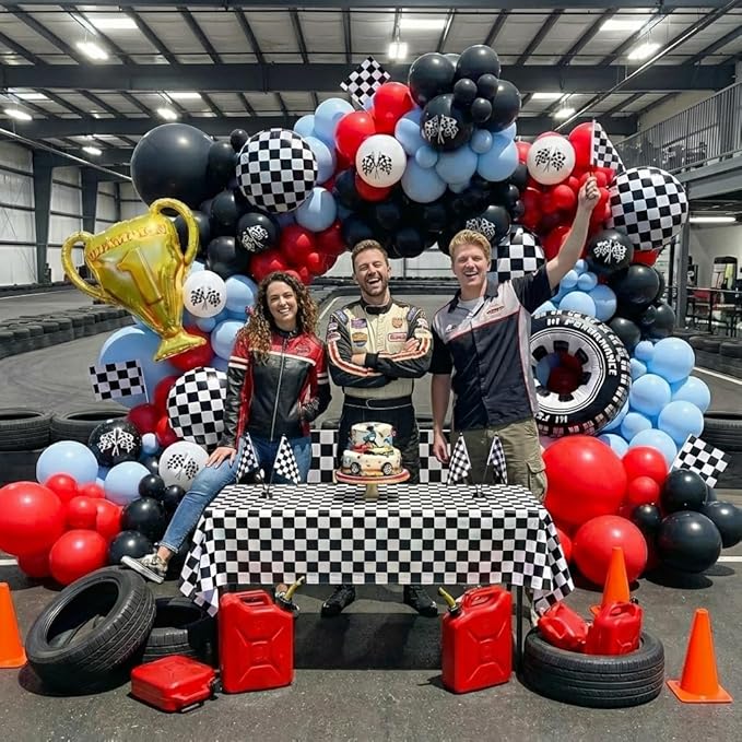 Race Car Balloons Arch Kit -162Pcs Trophy, Flags, Tire, Checkered, Wheels and Red Black Blue Balloon Garland Kit for Racing Car Theme Two Fast 2nd One Theme 1st Boy Birthday Party Decorations