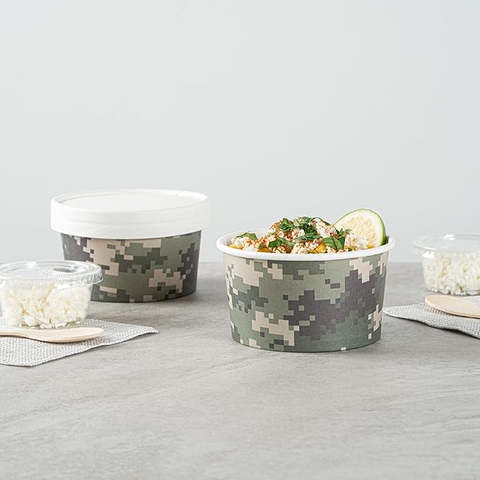 Coppetta 8 Ounce Dessert Cups, 80 Disposable Ice Cream Cups - Lids Sold Separately, Sturdy, Camouflage Paper FroYo Bowls, For Hot And Cold Foods, Perfect For Gelato Or Mousse - Restaurantware