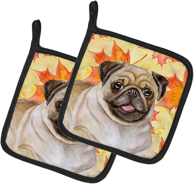 Caroline's Treasures BB9979PTHD Fawn Pug Fall Pair of Pot Holders, Yellow Kitchen Heat Resistant Pot Holders Sets Oven Hot Pads for Cooking Baking BBQ, 7 1/2 x 7 1/2