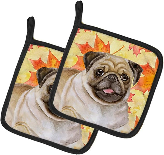 Caroline's Treasures BB9979PTHD Fawn Pug Fall Pair of Pot Holders, Yellow Kitchen Heat Resistant Pot Holders Sets Oven Hot Pads for Cooking Baking BBQ, 7 1/2 x 7 1/2