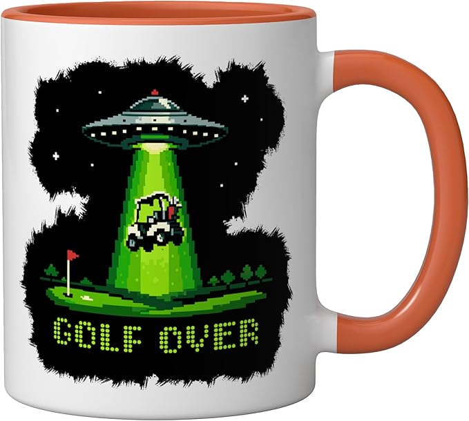 GOLF OVER Retro Funny Pixel Art UFO Abducting Golf-Cart Ceramic Mug, Orange/White