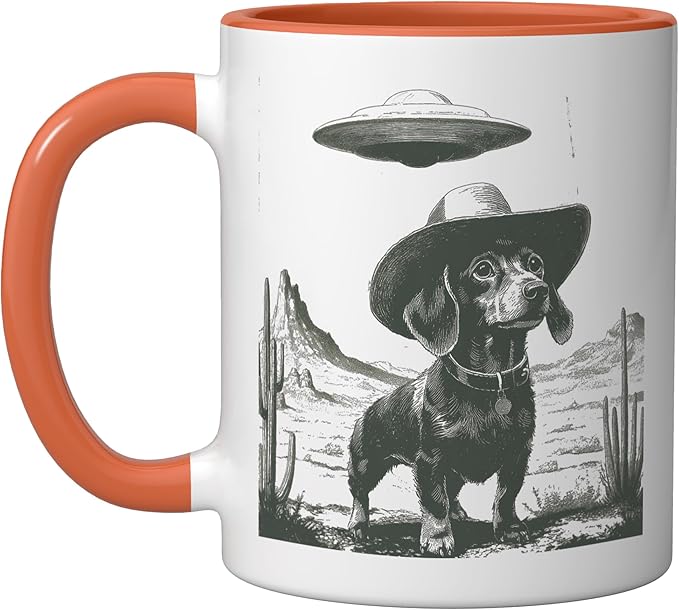 Funny Dachshund Cowboy Alien UFO Desert Dog Ceramic Mug, Orange/White