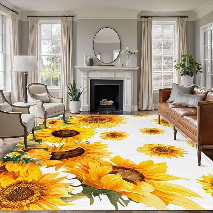 Area Rug 9x12ft, Summer Pastoral Sunflower Washable Rugs for Living Room Bedroom Rectangle Floor Carpet, Farmhouse Yellow Flower Soft Non-Slip Area Rugs for Dining Room