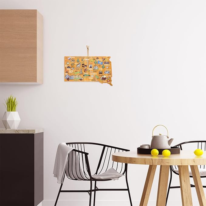 Totally Bamboo South Dakota State Shaped Cutting Board and Charcuterie Serving Platter with Artwork by Fish Kiss, Includes Hang Tie for Wall Display