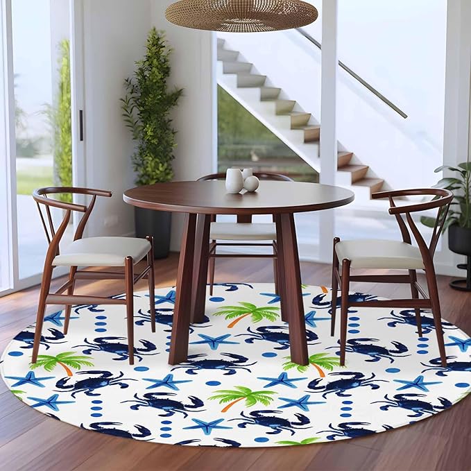 Washable Round Area Rug Abstract Blue Crab Starfish Circle Rugs Floor Carpet for Living Room Bedroom, Watercolor Palm Tree Soft Non Slip Round Rug 5ft