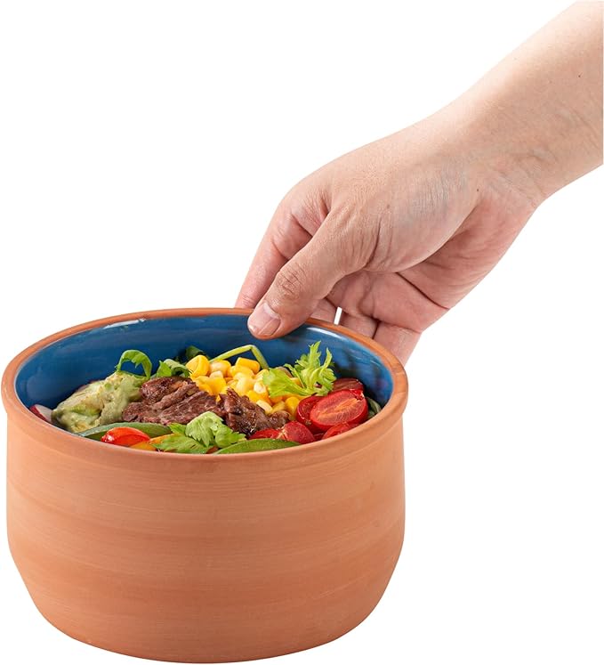 Restaurantware-Terra Tek 34 Ounce Terracotta Cazuelas, 2 Blue Glazed Clay Pots For Cooking - Oven-Ready, Microwavable, Terracotta Serving Pots, Dishwashable, For Cooking And Serving