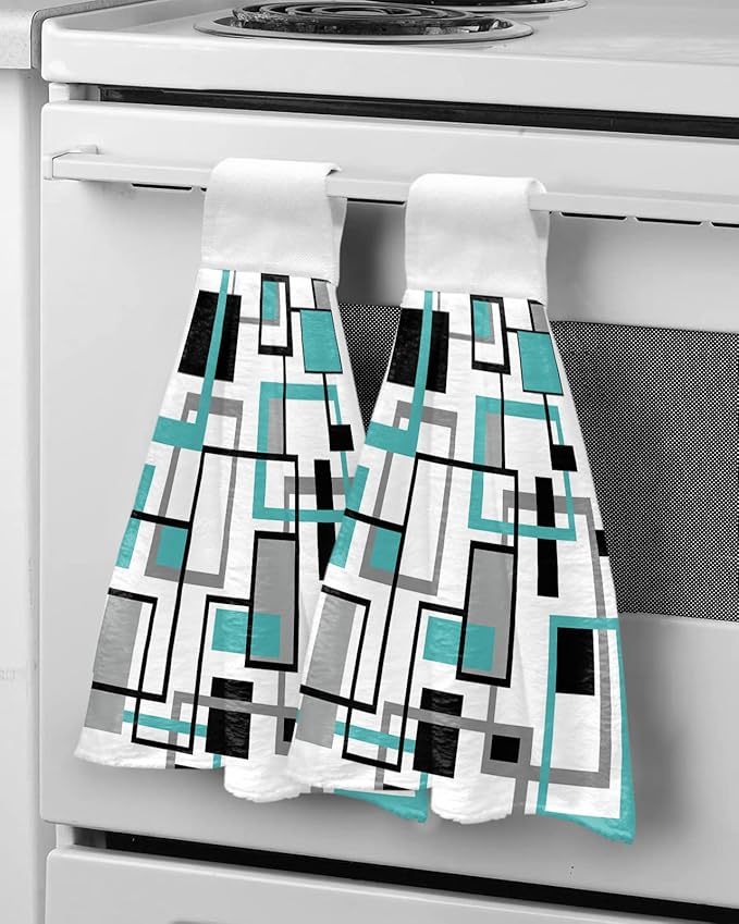 Alandar Home Kitchen Tie Towel Set of 2, Teal Abstract Geometric Retro Mid Century Absorbent Soft Hand Towels for Bathroom Hanging Towels, Nordic Style Fast Drying Cleaning Cloth with Loop