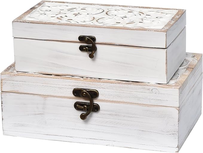 DECOR4SEASON White Wooden Storage Box Set of 2 - Distressed White-Washed Decorative Boxes with Hinged Lids - Hand Carved Solid Pine Organizer for Jewelry, Keepsakes, and Shabby Chic Home Décor