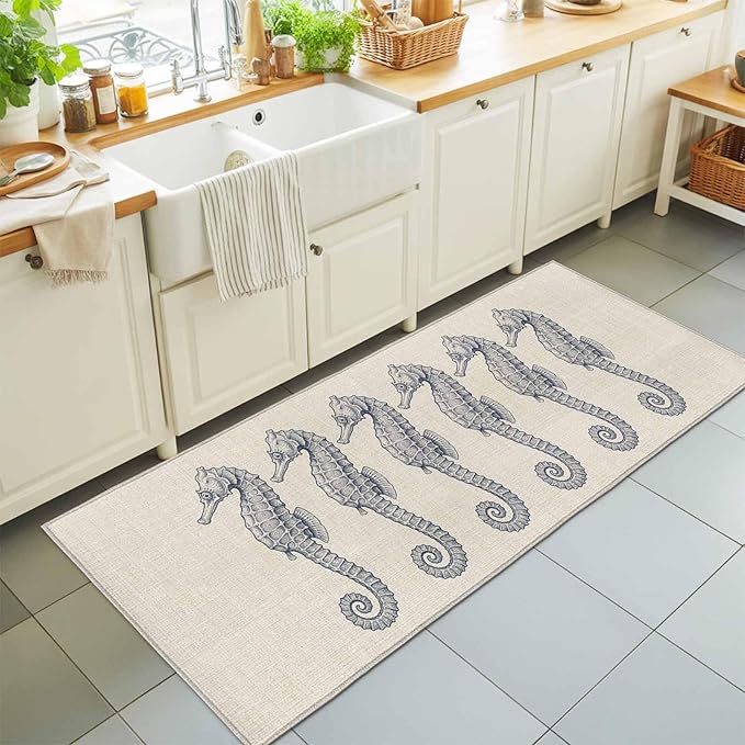 Runner Rug for Bedroom Hallway, Marine Life Seahorse on Burlap Kitchen Runner Rugs Area Rug 2x6ft, Farmhouse Ocean Theme Washable Soft Floor Carpet for Entryway Stair