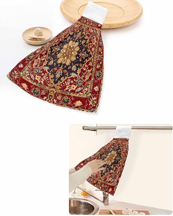 Alandar Home Kitchen Tie Towel Set of 1, Floral Leaves Frames Vintage Mid Century Afghan Black Wheat Red Absorbent Soft Hand Towels for Bathroom Hanging Towels, Fast Drying Cleaning Cloth with Loop