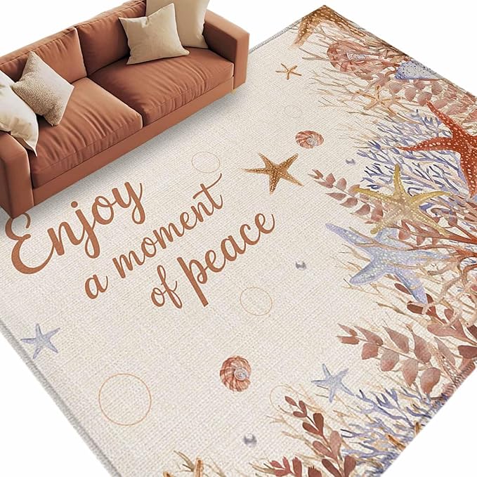 Area Rug 6x9ft, Orange Marine Starfish Coral Seaweed Washable Rugs for Living Room Bedroom, Peace Quote on Linen Soft Non-Slip Area Rugs Rectangle Floor Carpet for Dining Room
