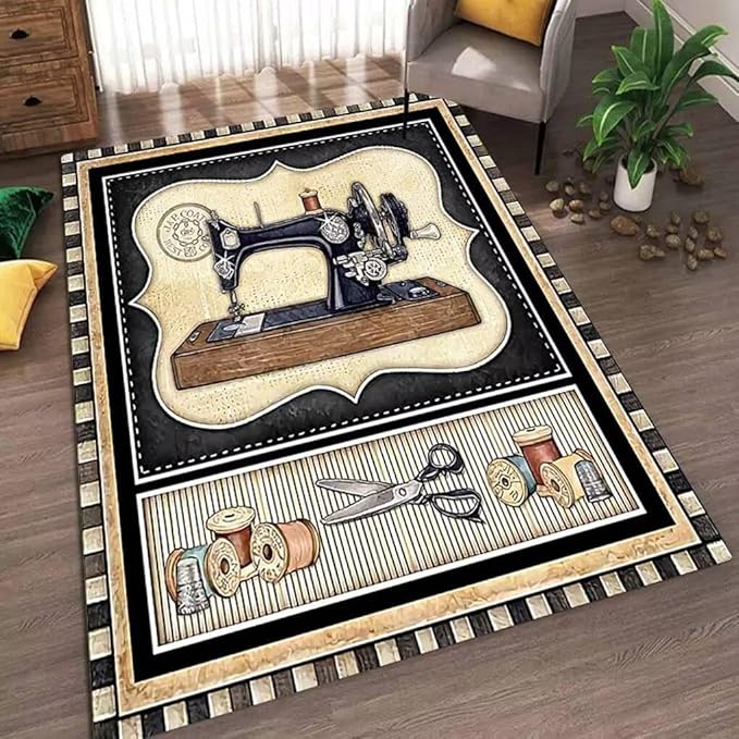 Sewing Material Patterns Rug for Bedroom Non-Slip Fun Fashion Scissors Patchwork Area Rugs Office Decor Low Pile Black and White Sewing Machine Carpet 5'x7'