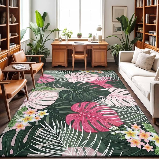 Area Rug 9x12ft, Summer Watercolor Pink Green Leaf Washable Rugs for Living Room Bedroom Rectangle Floor Carpet, Tropical Flower Leaves Plant Soft Non-Slip Area Rugs for Dining Room