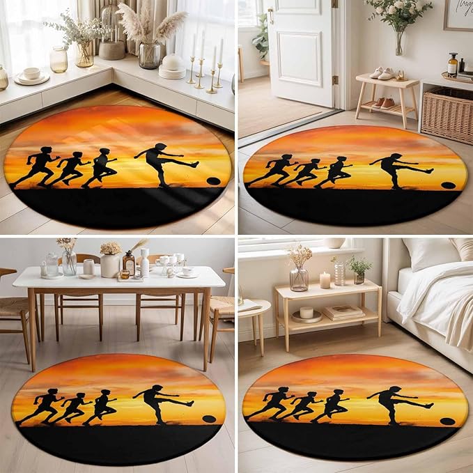 Washable Round Area Rug Football Sports Competition Circle Rugs Floor Carpet for Living Room Bedroom, Sunset Background Soft Non Slip Round Rug 3ft