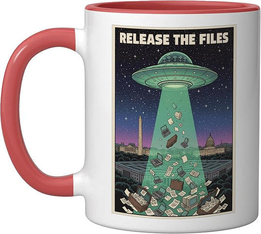Release the Files UFO Disclosure UAP Alien Conspiracy Ceramic Mug, Red/White