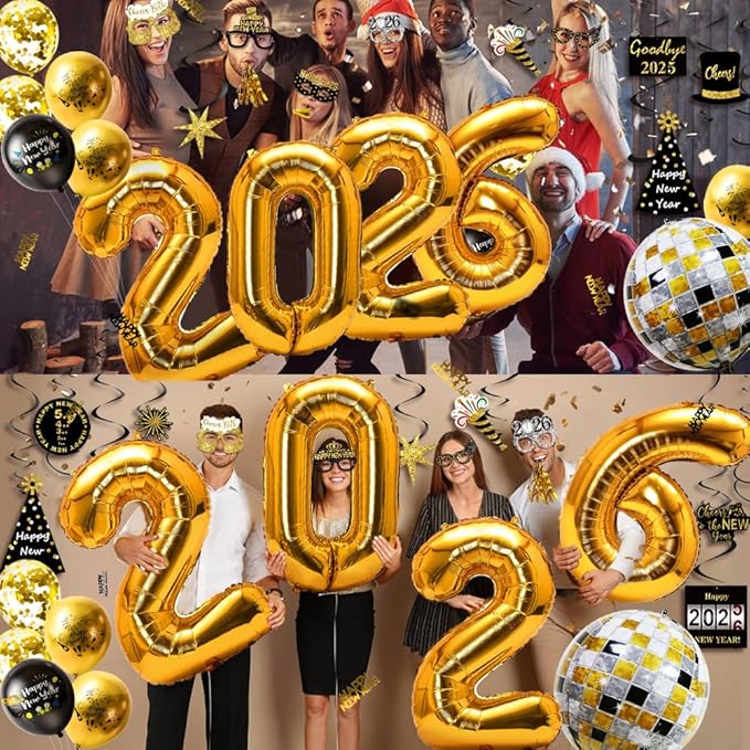 MOVINPE New Years Eve Party Decorations 2026 Black Gold, Happy New Year Party Supplies, Banner Pompoms Number Balloon Fringe Curtain Photo Booth Props Hanging Swirl Squawkers Blowouts