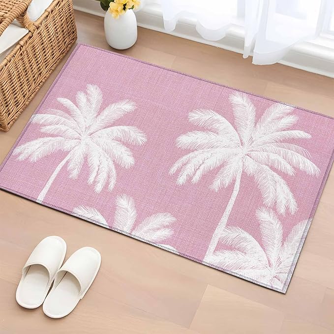 Area Rug 2x3ft, Boho Pink Palm Trees Vintage Washable Rugs for Living Room Bedroom, Summer Tropical Leaves Soft Non-Slip Area Rugs Rectangle Floor Carpet for Dining Room