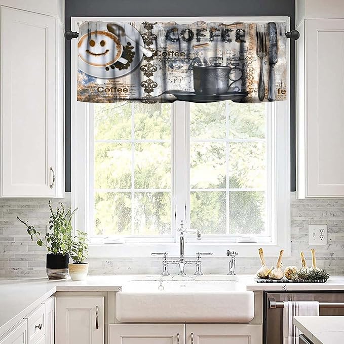 Retro Coffee Valance Curtain, Smiley Latte Art Coffee Typography Cups Wooden Farmhouse Small Window Treatment for Kitchen Cafe Bedroom Dining Living Room Home Decor, 54x18Inch