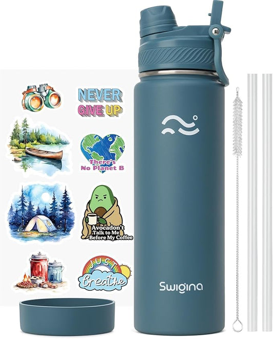 Swigina [2-IN-1 LID] Insulated Water Bottle with Silicone Boot (36hrs Cold/18hrs Hot) - DIY Stickers, Leakproof, BPA Free, 24 oz