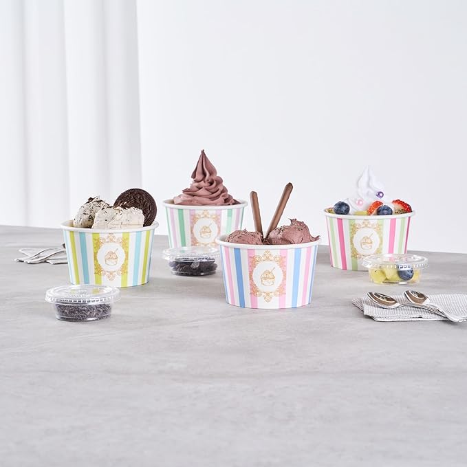 Restaurantware Paper Cups 200 Count 8 Ounce Square Disposable Ice Cream Containers, Leak-Resistant Paper Dessert To Go Cups, Hot And Cold Food, Durable Assorted Stripe Design