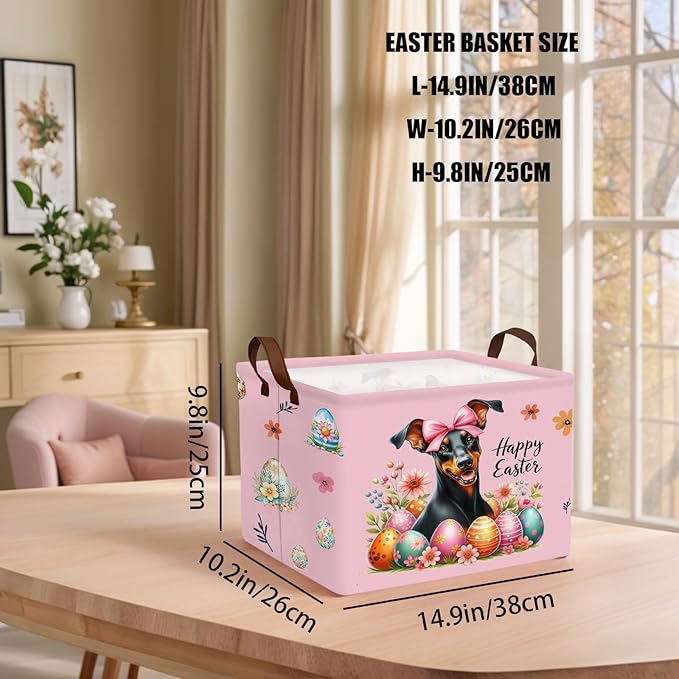 Kid Large Empty Easter Basket Gift Personalized Fabric Bunny Easter Basket for Boy and Girl Room Decor Storage Bin (Dog Easter Egg Pink)