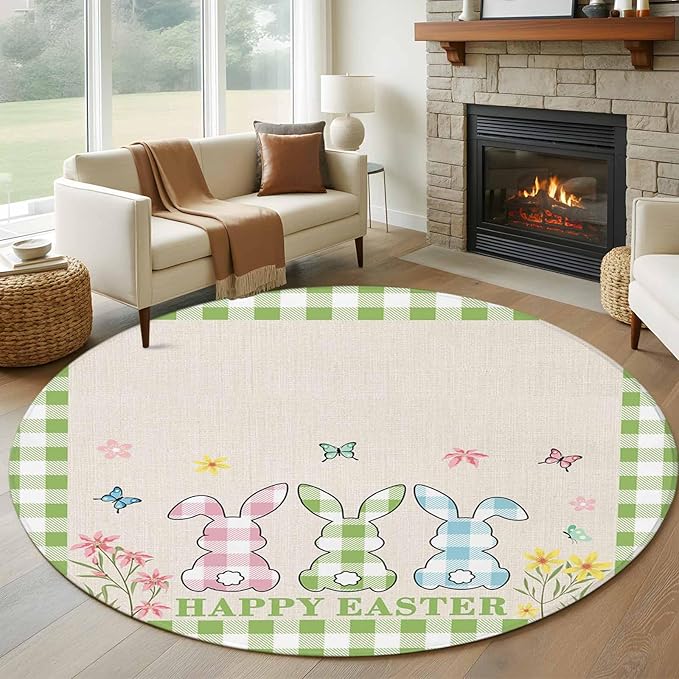 Washable Round Area Rug Happy Easter Bunny Shadow Flowers Circle Rugs Floor Carpet for Living Room Bedroom, Retro Linen Cotton and Grid Soft Non Slip Round Rug 5ft
