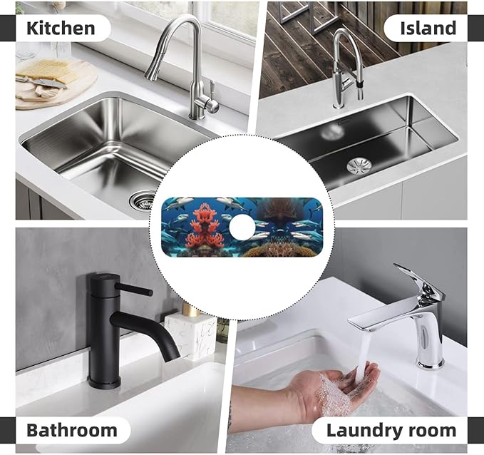 Submarine Shark Coral Printed Faucet Absorbent mat, Suitable for bathrooms, Kitchens, and Other Sink Areas.