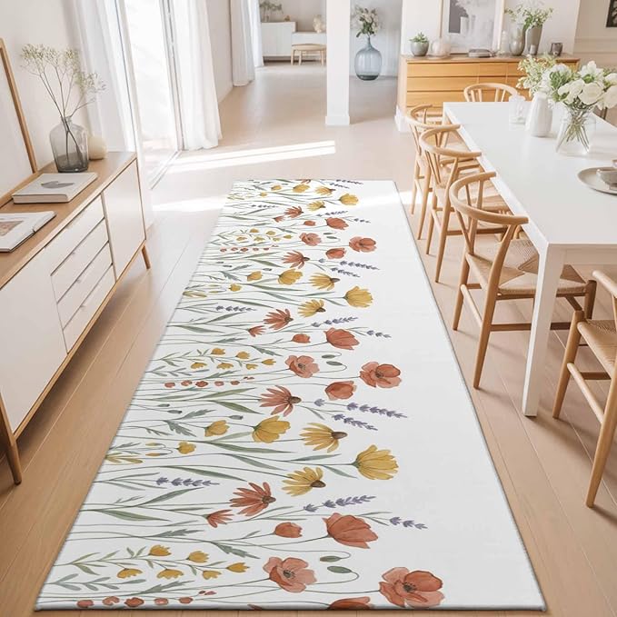Runner Rug for Bedroom Hallway, Watercolor Daisies Lavender Kitchen Runner Rugs Area Rug 2x6ft, Country Floral Art Washable Soft Floor Carpet for Entryway Stair