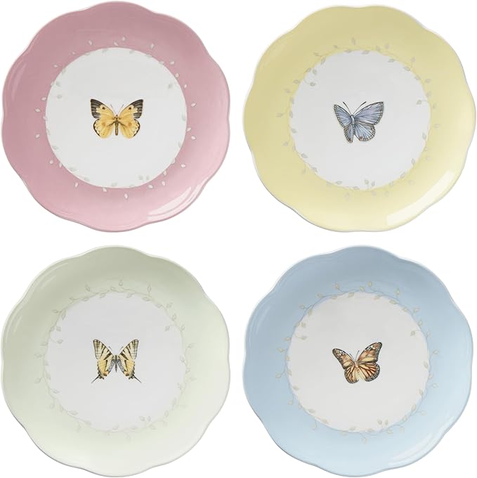 Lenox Dessert Plate Set, Lenox Butterfly Meadow Collection 4-Piece Dessert Porcelain Plates Set, Service For 4, Dishwasher & Microwavable Plate, Small Plates, 8 x 8-Inch, Spring Dishes (4 Piece)