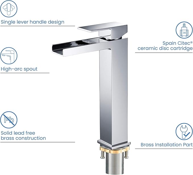 KIBI Waterfall Bathroom Sink Faucet | Single Handle Brass Vanity Faucet with Water Supply Hose | Durable Brass Construction and Smooth Water Flow | Chrome Finish, KBF1005 (Pop Up Drain Included)