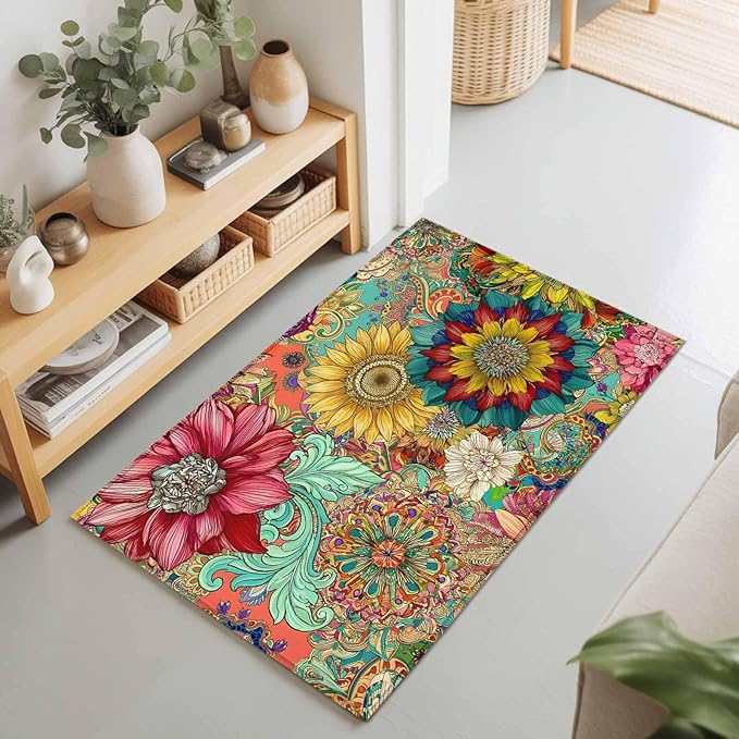 Area Rug 2x3ft, Boho Colorful Blossom Flower Washable Rugs for Living Room Bedroom, Country Retro Ethnic Floral Soft Non-Slip Area Rugs Rectangle Floor Carpet for Dining Room