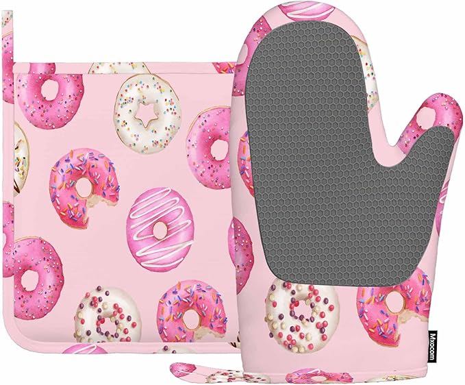 Mxocom Watercolor Donuts Silicone Oven Mitts and Pot Holders Sets Pink Donuts Background BBQ Gloves for Kitchen,Cooking,Baking,Grilling