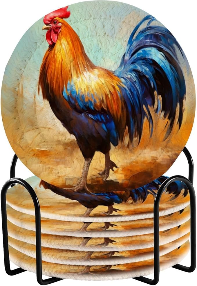 YETTASBIN Rooster 6 Pcs Drink Coasters with Holder, Cotton Woven Absorbent Heat-Resistant Round Coaster Non-Slip Table Mat for Kitchen Bar Home Decor Housewarming Gift, 3.9 in