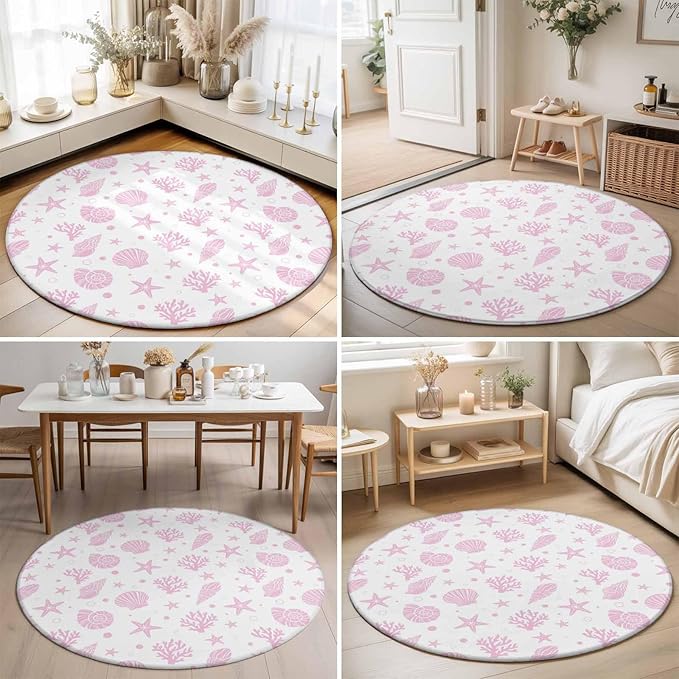 Washable Round Area Rug Pink Ocean Shell Conch Coral Starfish Circle Rugs Floor Carpet for Living Room Bedroom, Summer Marine Theme Soft Non Slip Round Rug 3ft